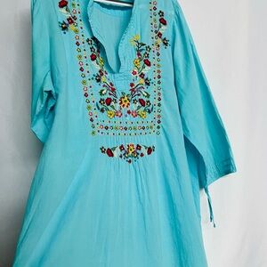 Johnny Was Aqua Blue Tunic  Summer Cotton XL